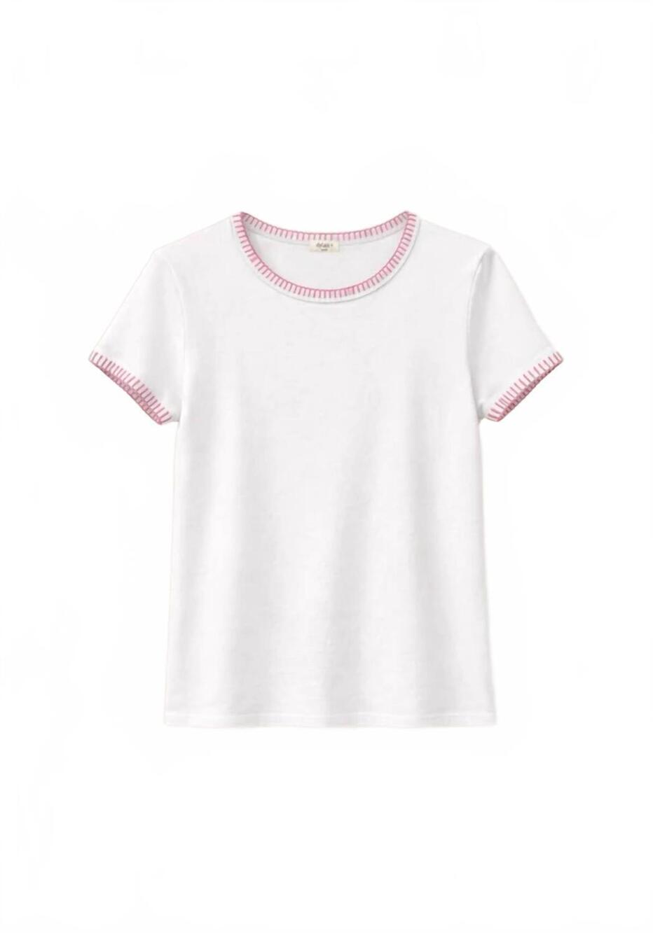 NEW DYLAN women's brooks blanket stitch tee in white pink